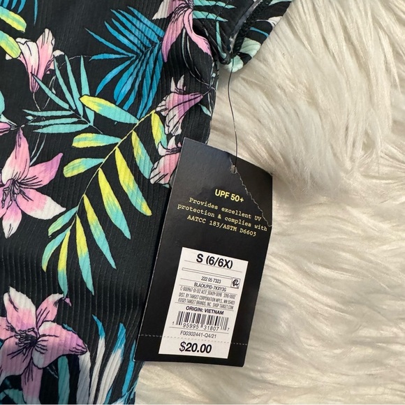 Art Class Girls Floral Ribbed Swimsuit 6/6X Black Pink Tropical UPF 50+ NWT - Picture 2 of 6